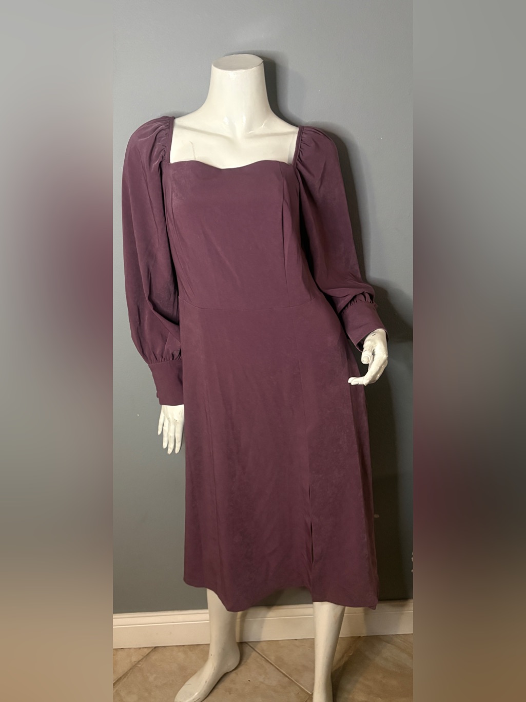 Plum Long-Sleeve Square Neck Midi Dress With High Slit — image 3 of 8